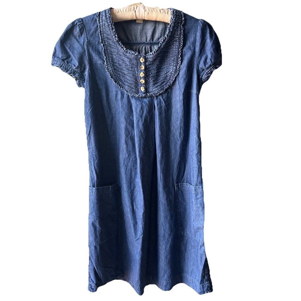 Monsoon Denim Smocked‎ Dress Women's 8 Button Puff Sleeves Milkmaid Prairie